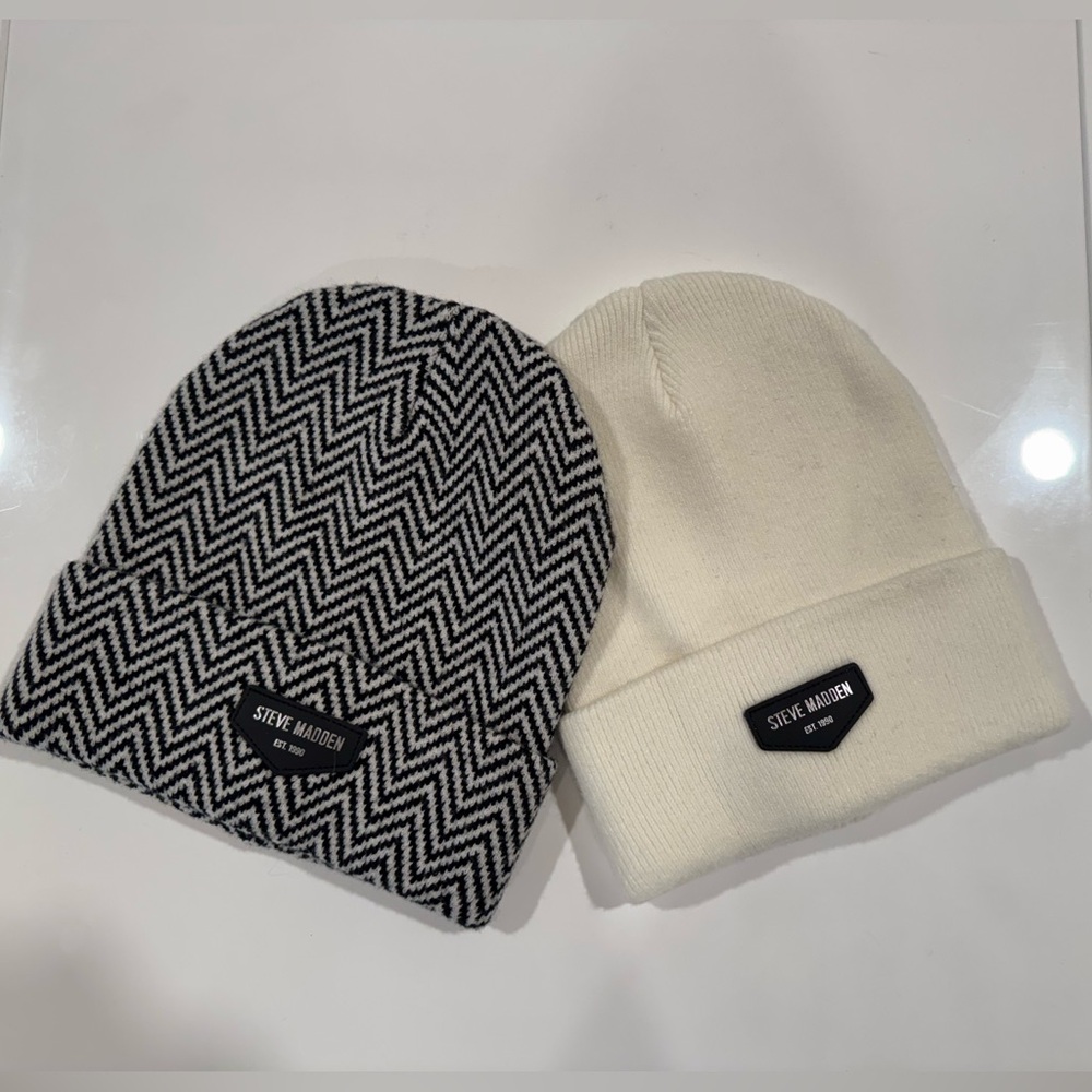 Steve Madden Zigzag and Solid Beanie Duo